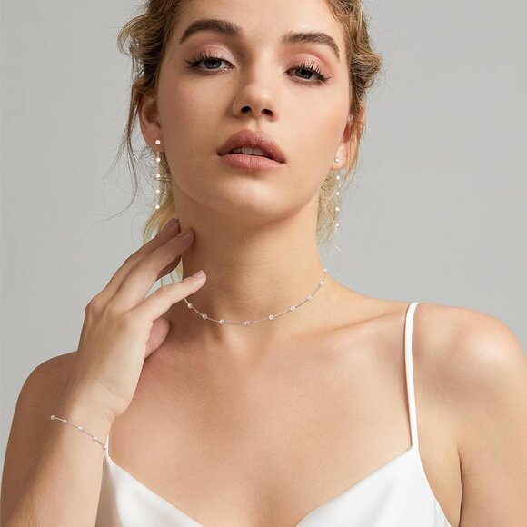 Gold Jewelry Set Silver Women Dainty Pearl Choker Earrings Bracelet Wedding Gift - Picture 6 of 7